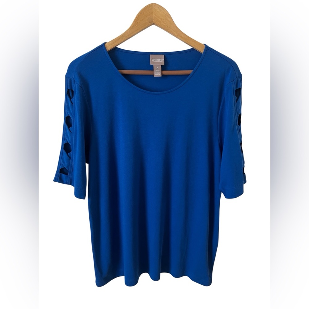 Women’s Chicos Size 3  XL Blue Top Blouse Criss Cross Lattice On Sleeve